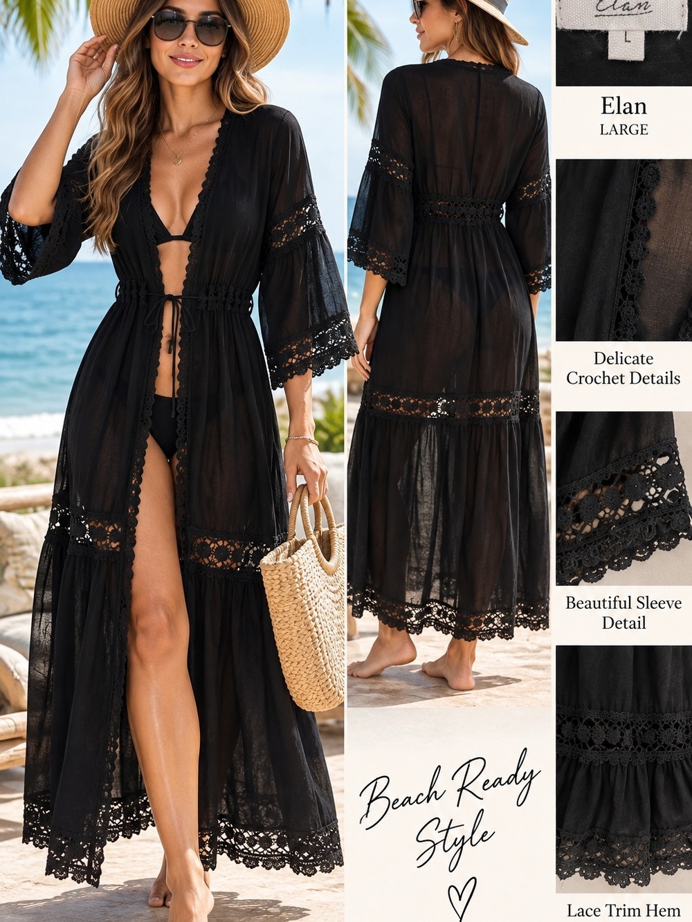 Elan Black Lace-Trim Beach Cover-Up Maxi